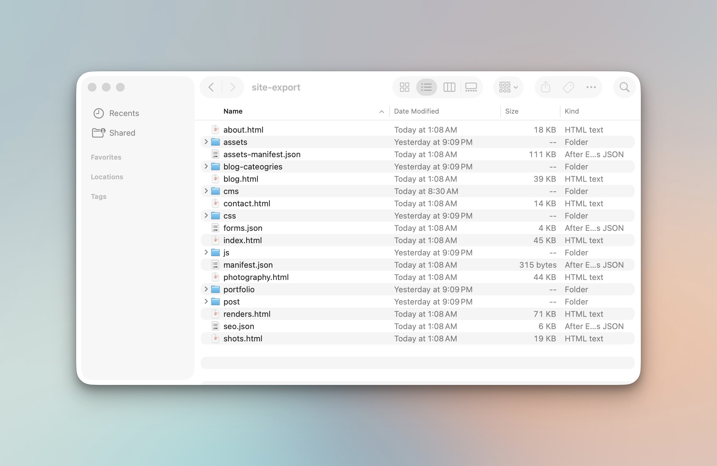 Folder structure of an exported Webflow site, ready to drop into any static host