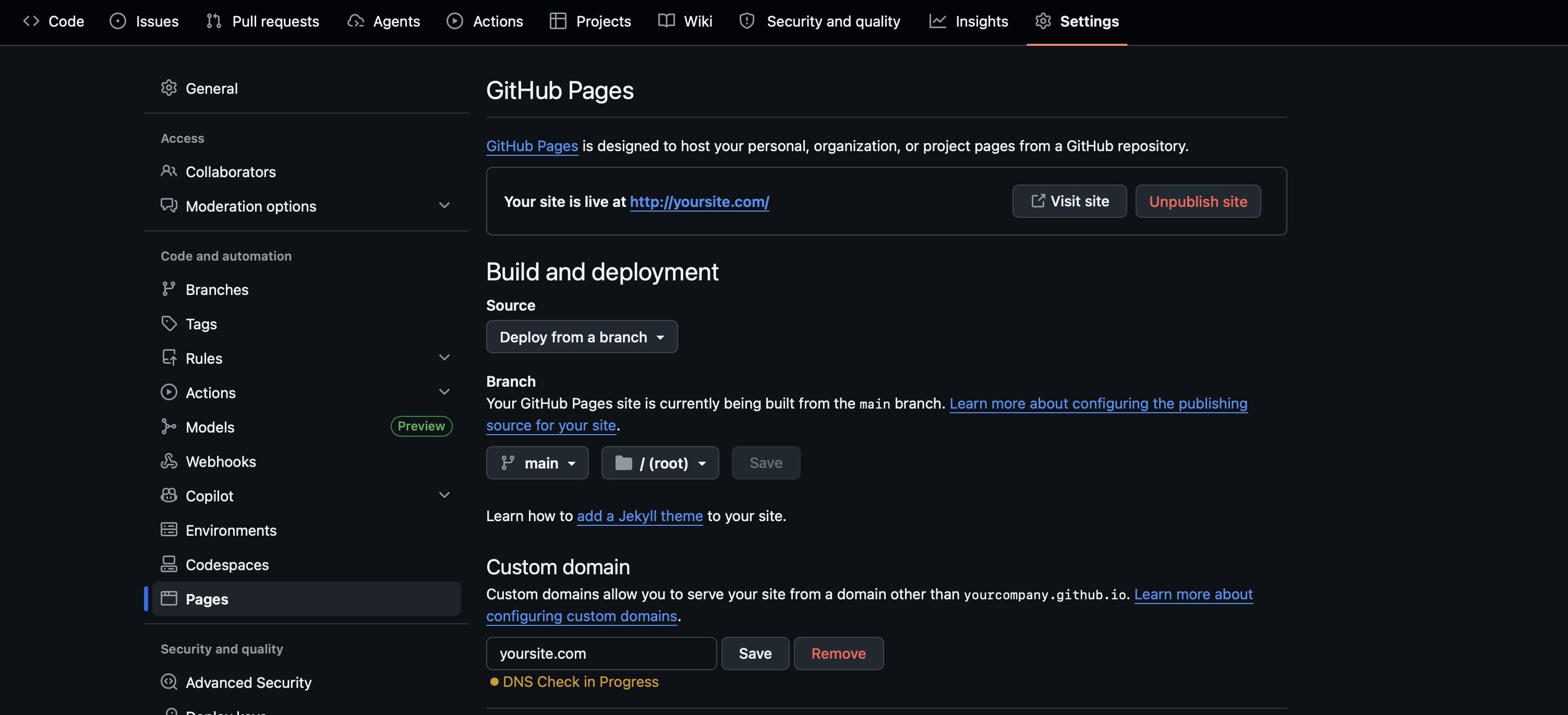 GitHub Pages settings page showing "Deploy from a branch" enabled on main