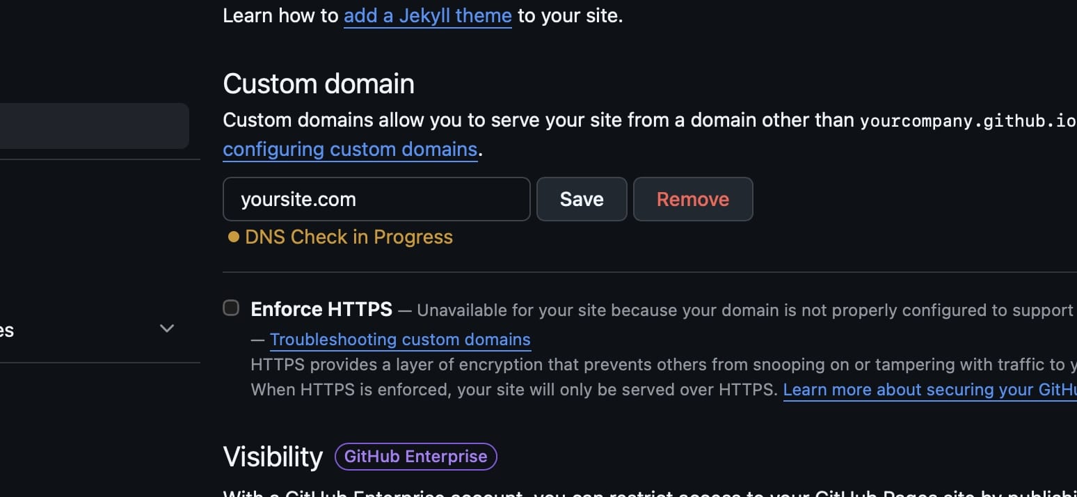 GitHub Pages settings showing a custom domain configured with HTTPS enforced